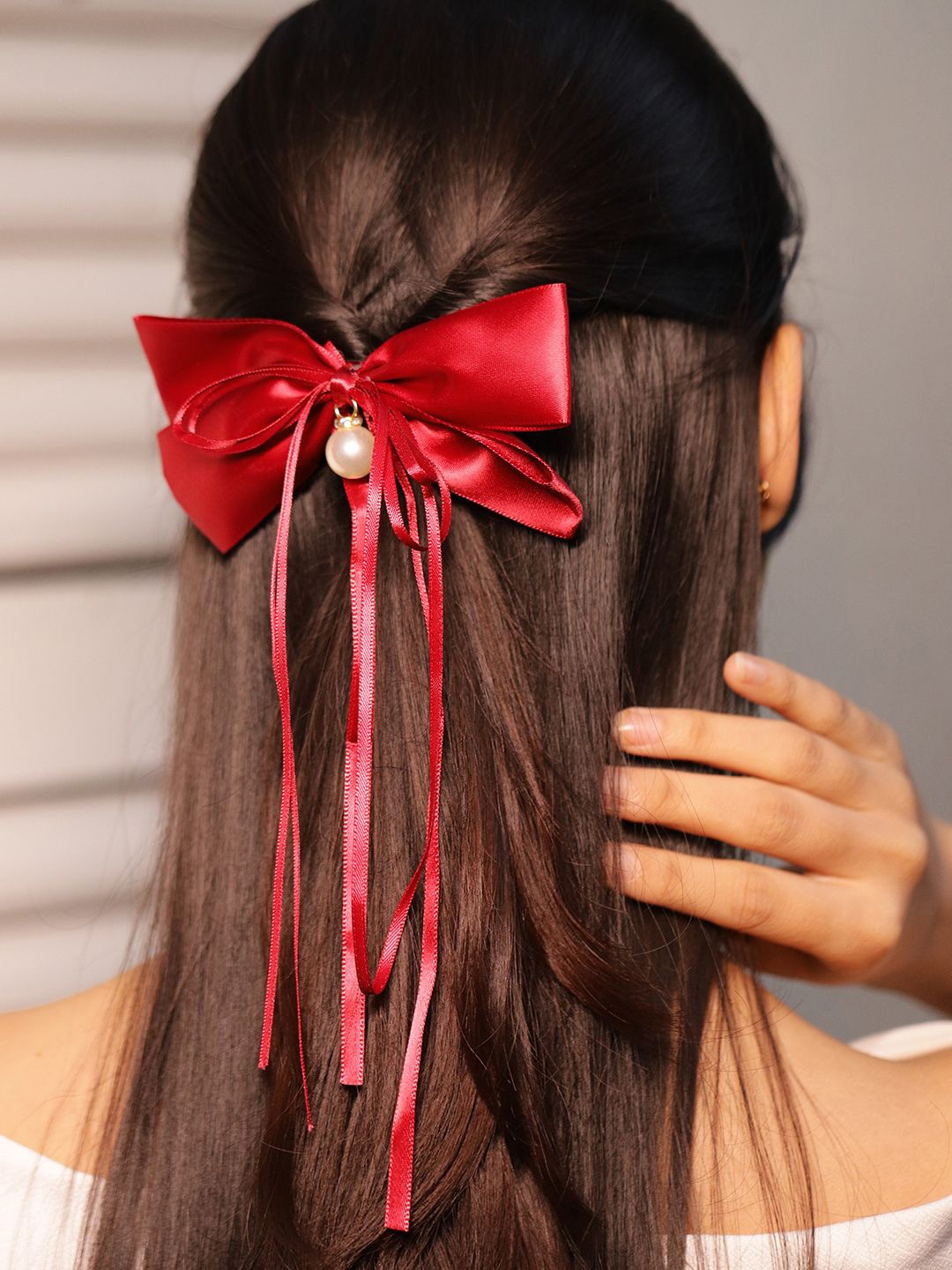 

Rubans Women Satin Bow Hair Clip With Pearl Drop & Flowing Ribbon Tails, Red