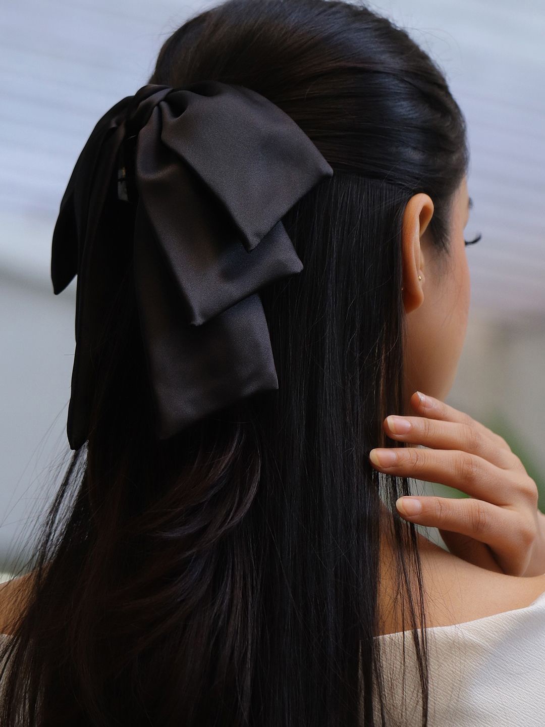 

Rubans Women Satin Layered Bow Hair Clip Statement Hair Accessory, Black