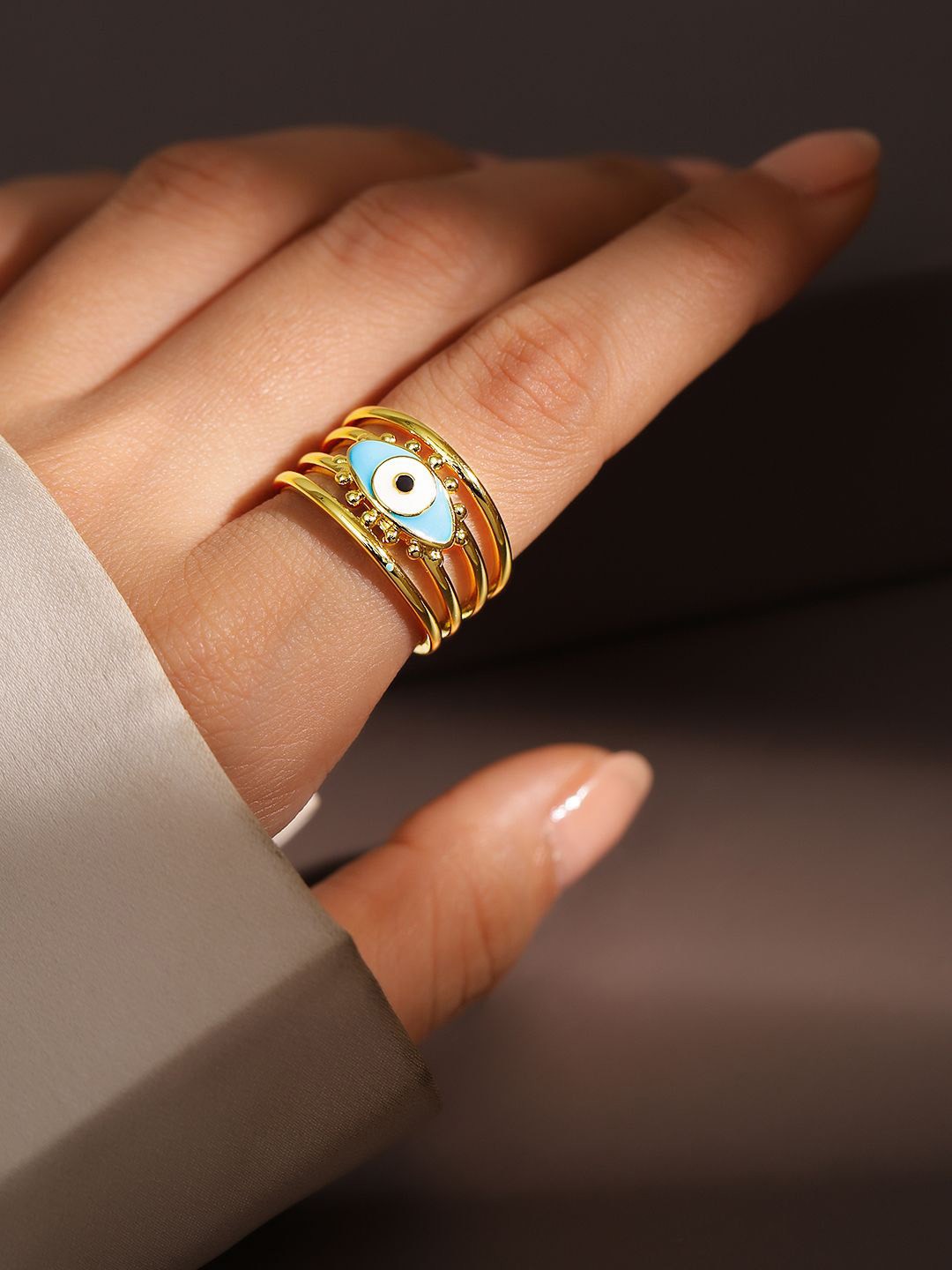 

Rubans 18K Gold Plated Blue Enamel Evil Eye Openable Adjustable Statement Ring