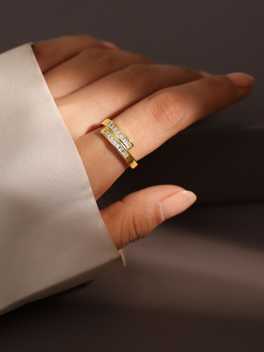 

Rubans 18K Gold Plated Baguette Cubic Zirconia Studded Adjustable Openable Ring
