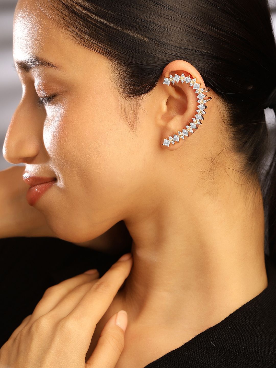 

Rubans 18K Gold Plated Cubic Zirconia Studded Statement Ear Cuff Earrings