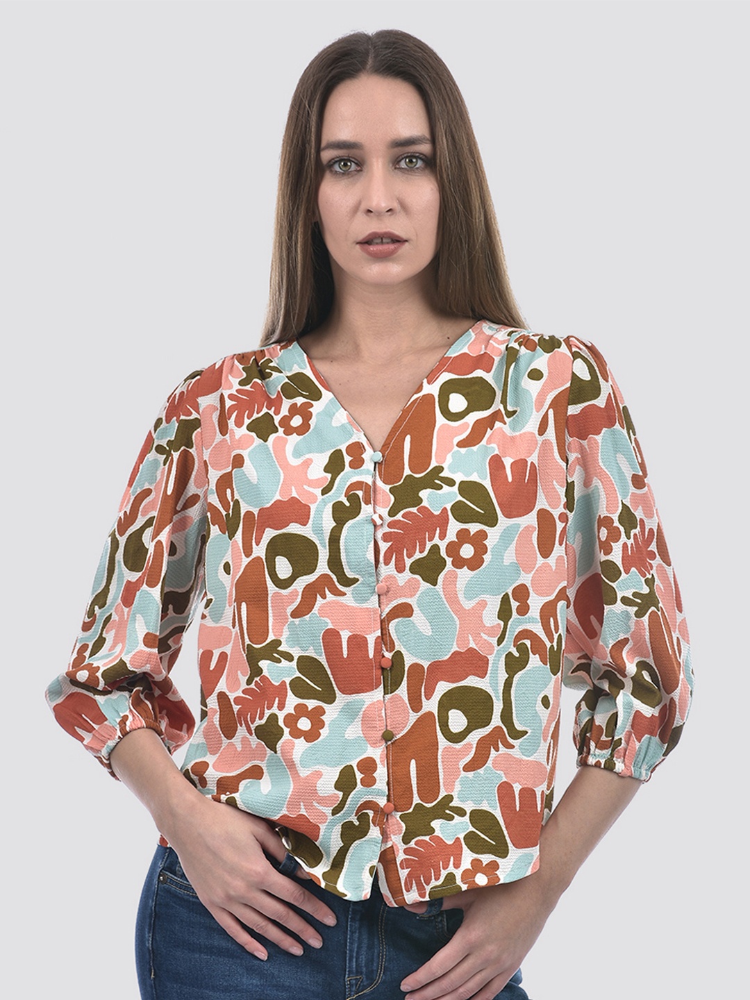 

ONLY Women Abstract Printed V-Neck Top, Brown