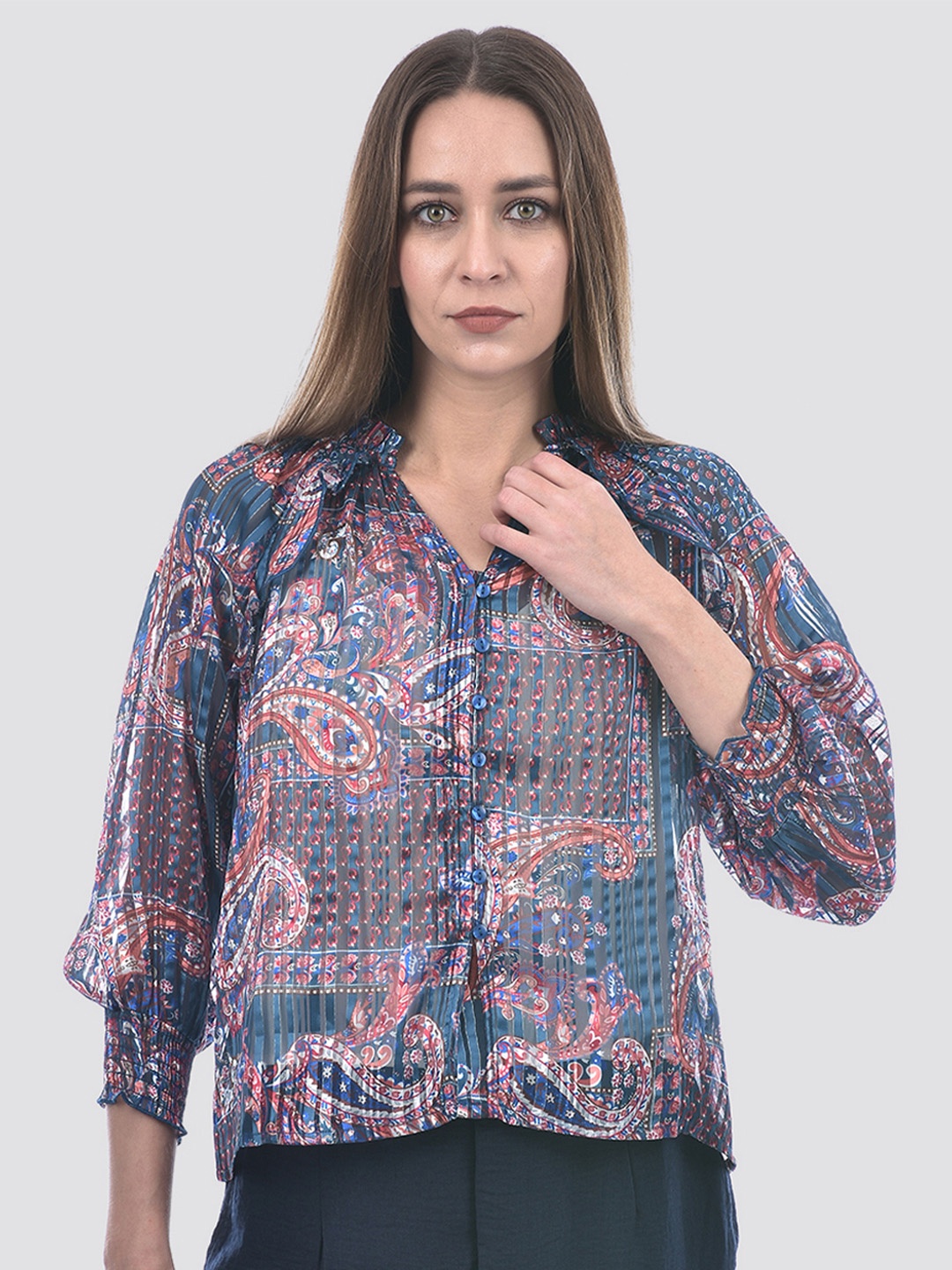 

ONLY Women Ethnic Motifs Printed V-Neck Top, Blue