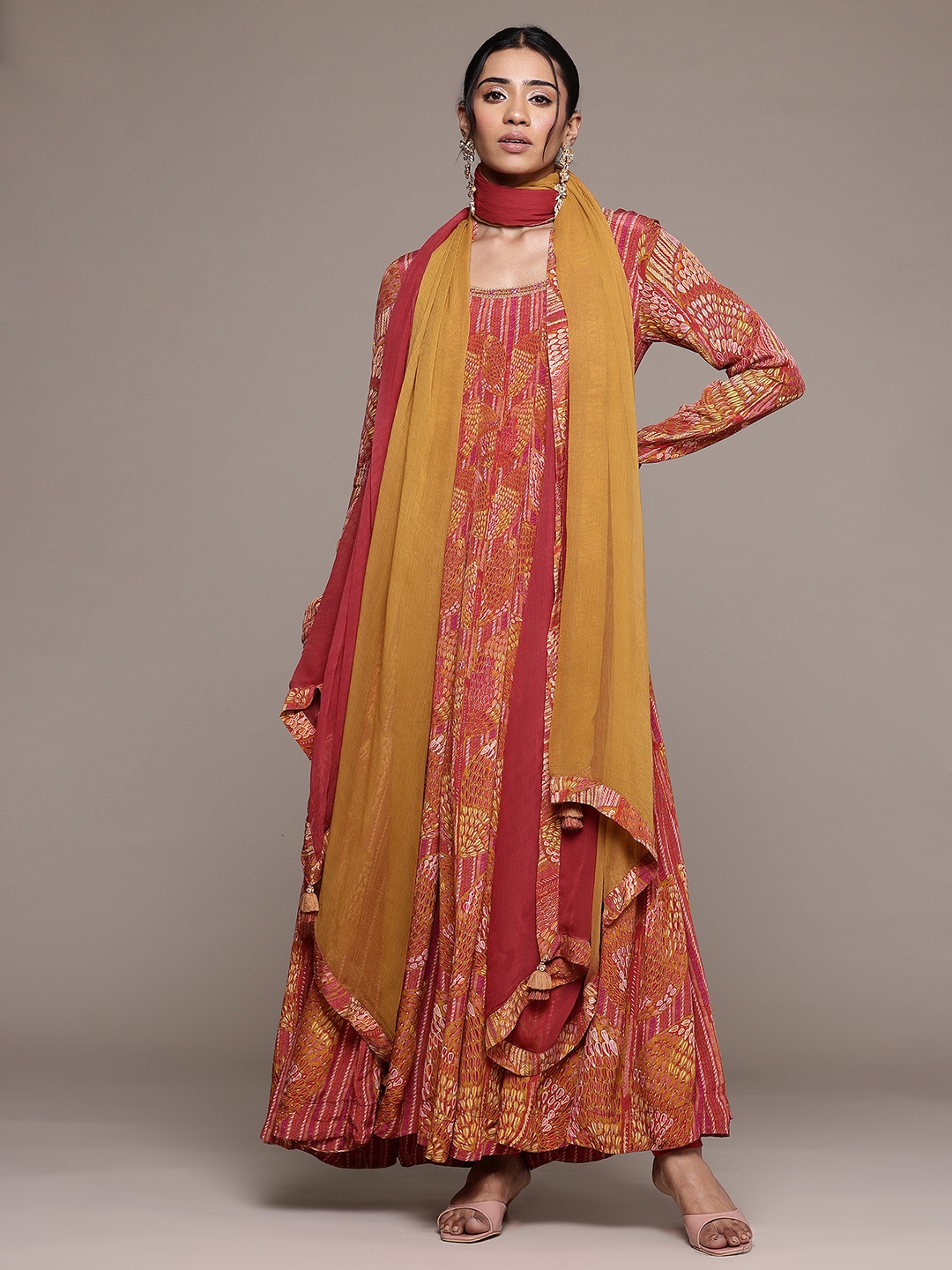 

Ritu Kumar Ethnic Motifs Printed Panelled Kurta With Dupatta, Rust