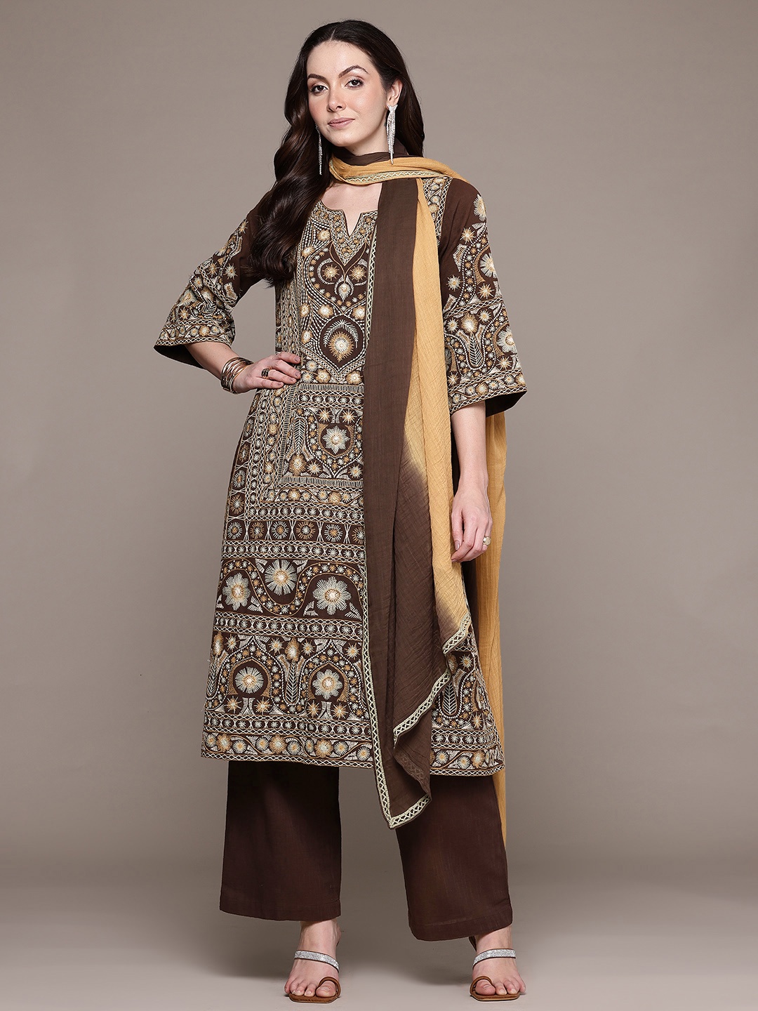 

Ritu Kumar Ethnic Motifs Embroidered Thread Work Pure Cotton Kurta with Trousers & Dupatta, Brown