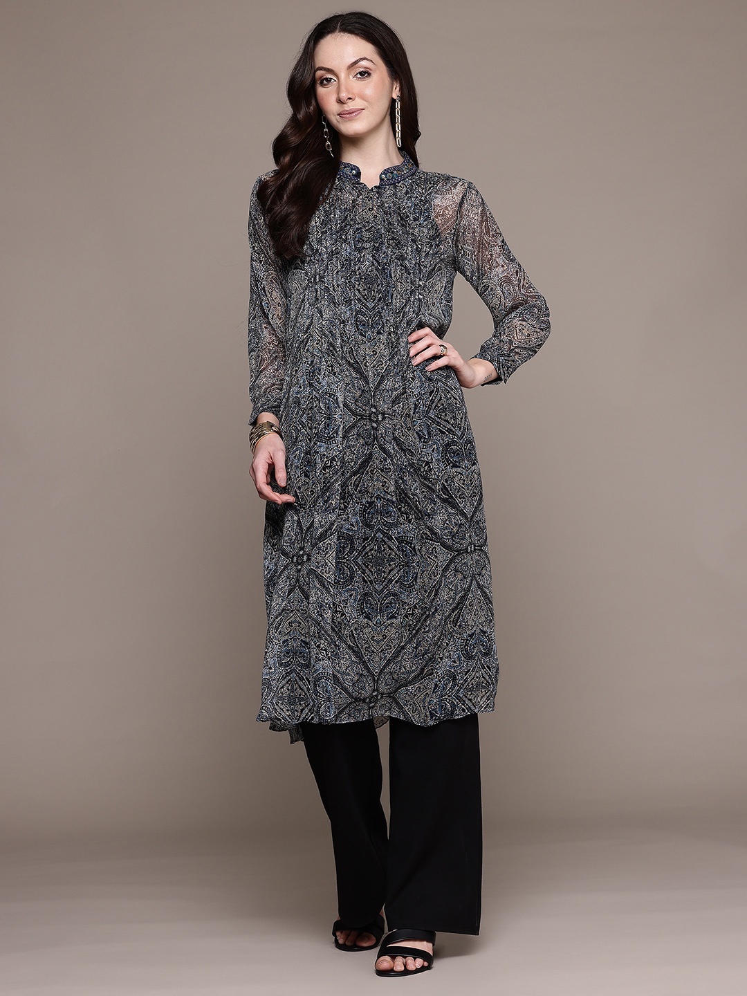 

Ritu Kumar Ethnic Motifs Printed Sheer Kurta, Black