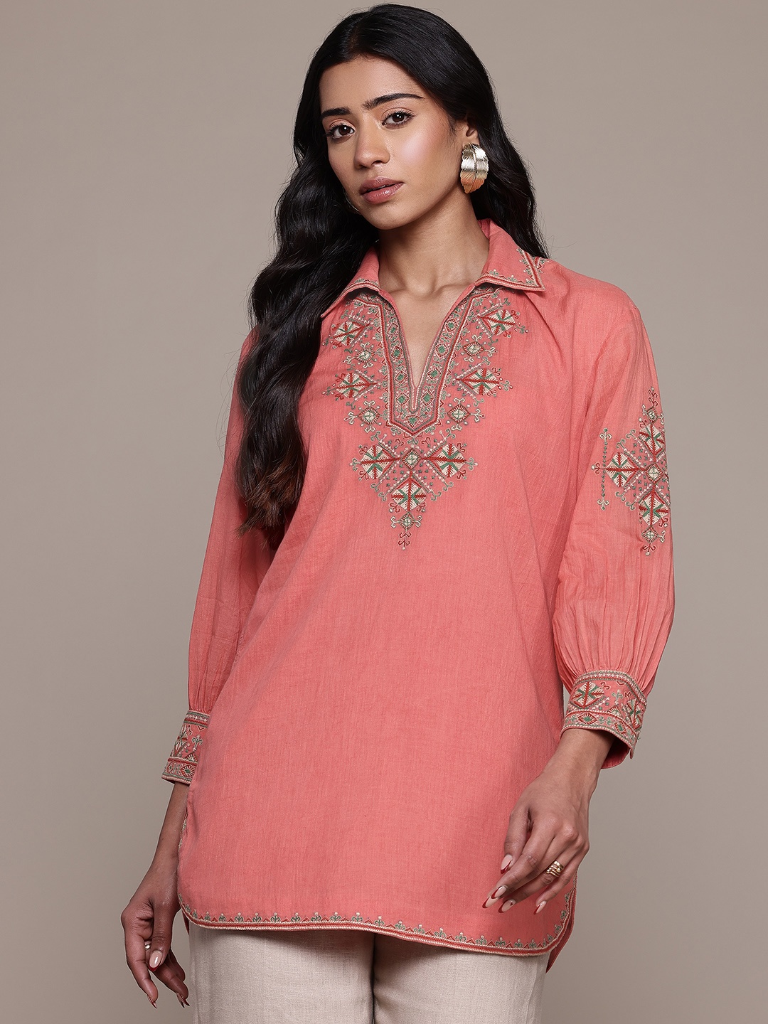 

Ritu Kumar Geometric Embroidered Shirt Collar Thread Work Pure Cotton Thread Work Kurti, Peach