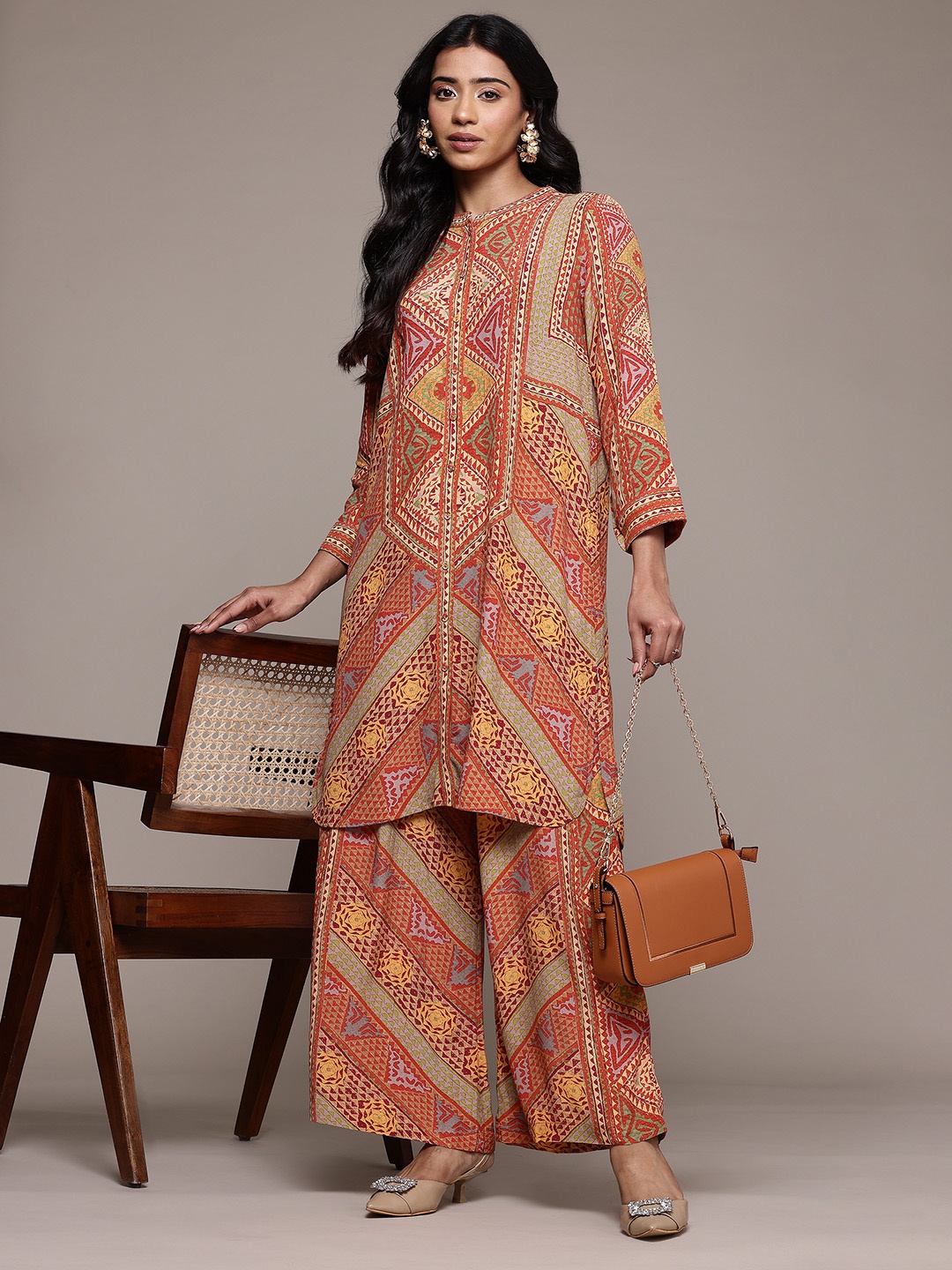 

Ritu Kumar Geometric Printed Tunic & Palazzos Co-Ord Set, Rust