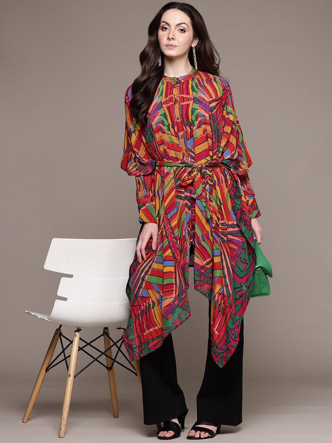 

Ritu Kumar Printed Kimono Sleeve Layered Crepe Kaftan Longline Top, Multi