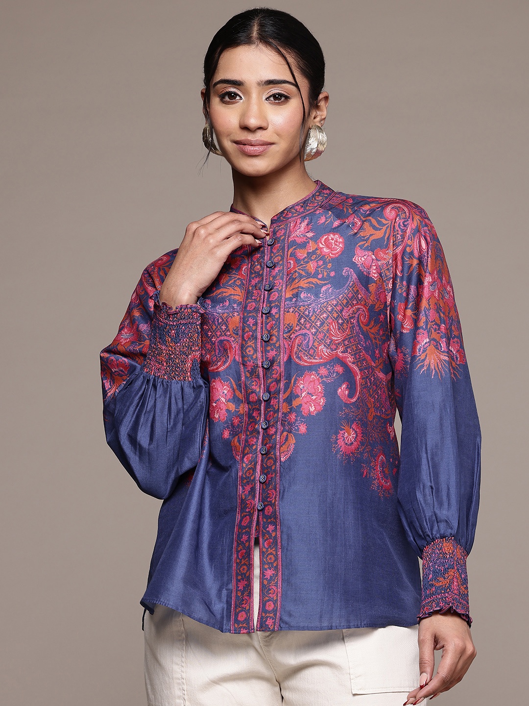 

Ritu Kumar Floral Printed Puff Sleeve Casual Shirt, Blue