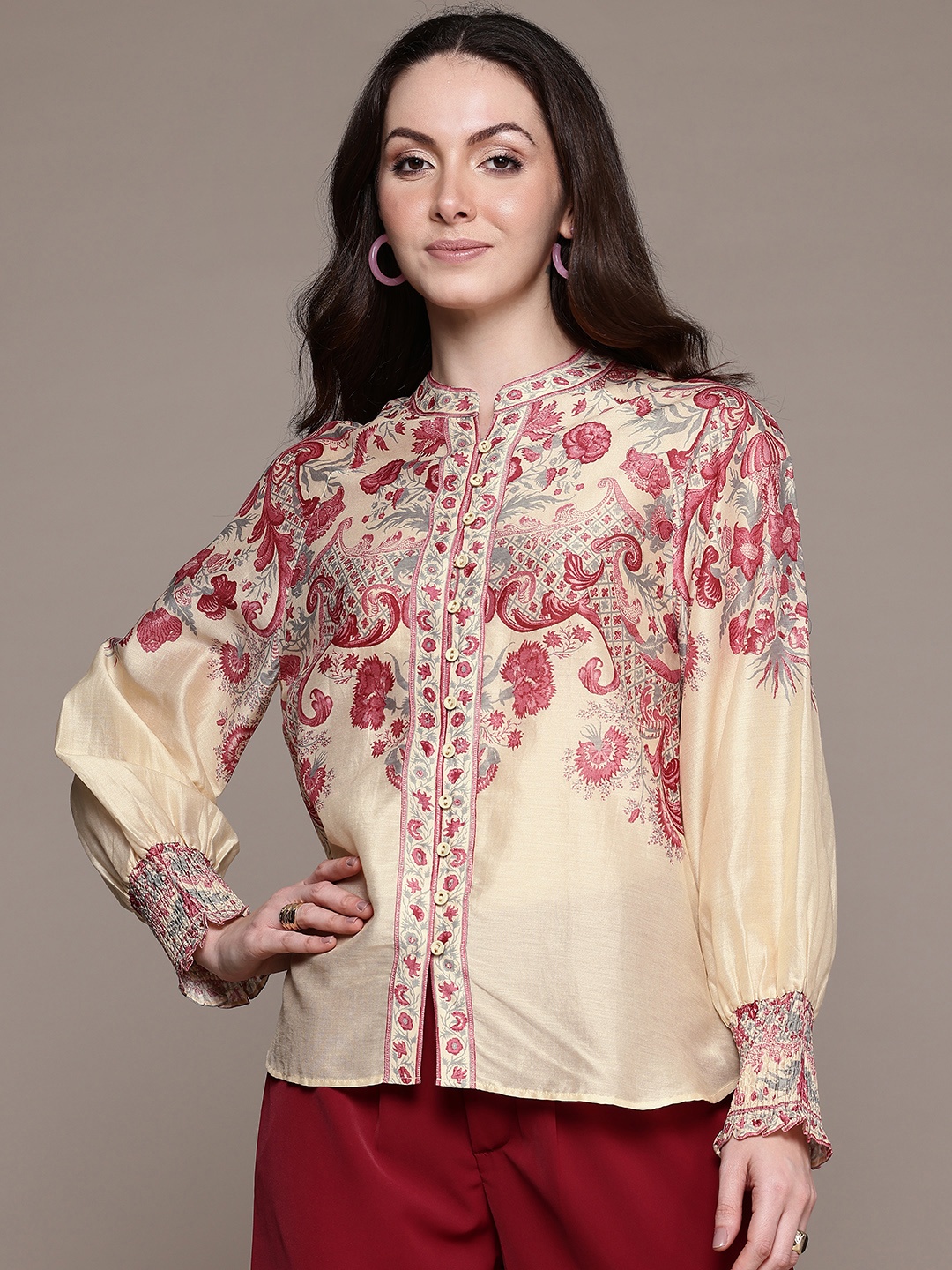 

Ritu Kumar Floral Printed Puff Sleeve Casual Shirt, Off white