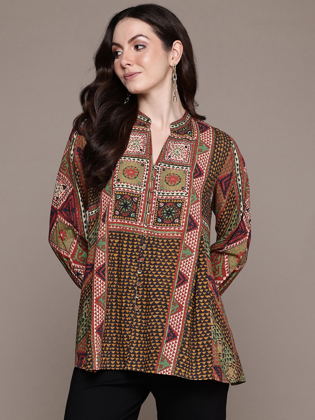 

Ritu Kumar Printed Puff Sleeve Ethnic Cotton Shirt Style Longline Top, Multi