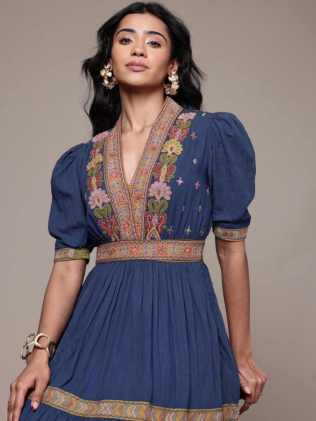 

Ritu Kumar Floral Embroidered Puff Sleeve Fit & Flare Maxi Dress, Blue