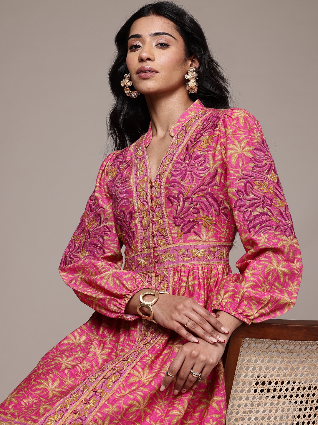 

Ritu Kumar Floral Print Puff Sleeve Fit & Flare Dress, Pink
