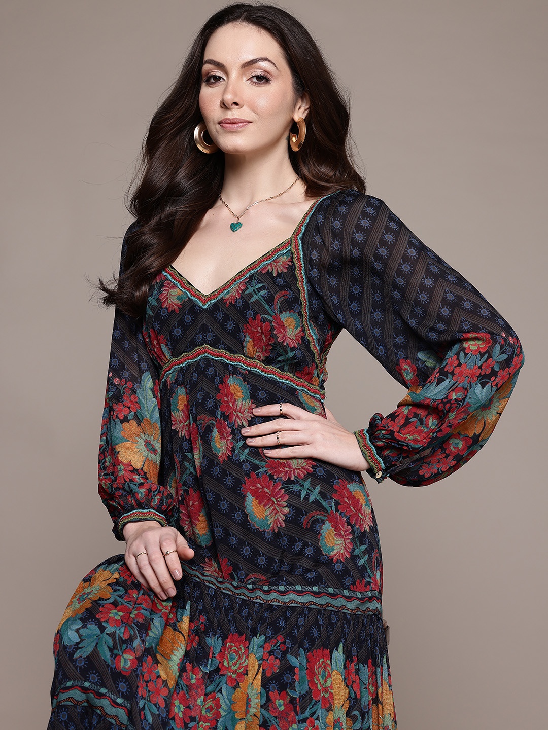 

Ritu Kumar Floral Print Puff Sleeve Fit & Flare Maxi Dress, Black