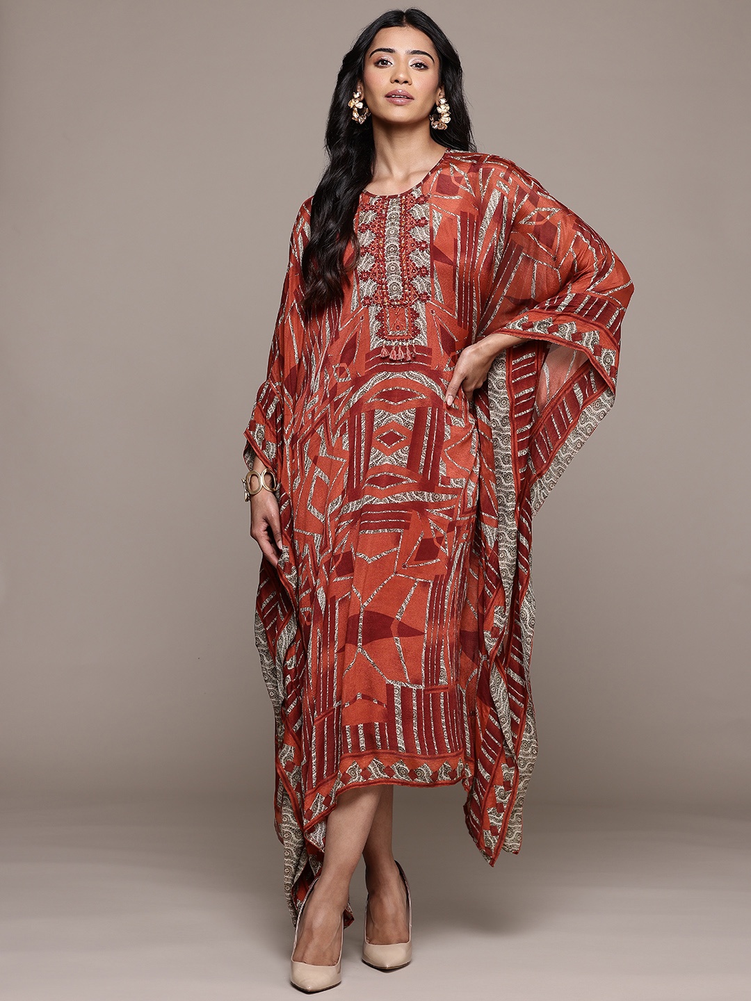 

Ritu Kumar Ethnic Motifs Print Kimono Sleeve Kaftan Midi Dress, Red