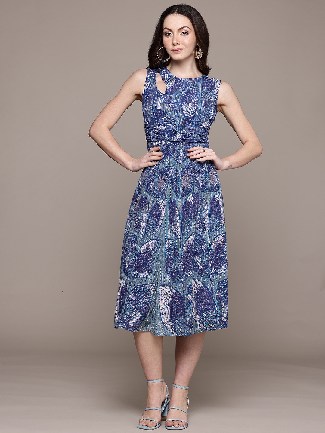 

Ritu Kumar Print Crepe Fit & Flare Dress with Cut-Outs Detail, Blue