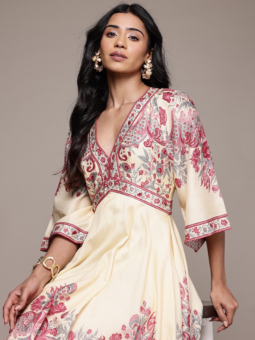 

Ritu Kumar Floral Print Flared Sleeve Empire Midi Dress, Off white