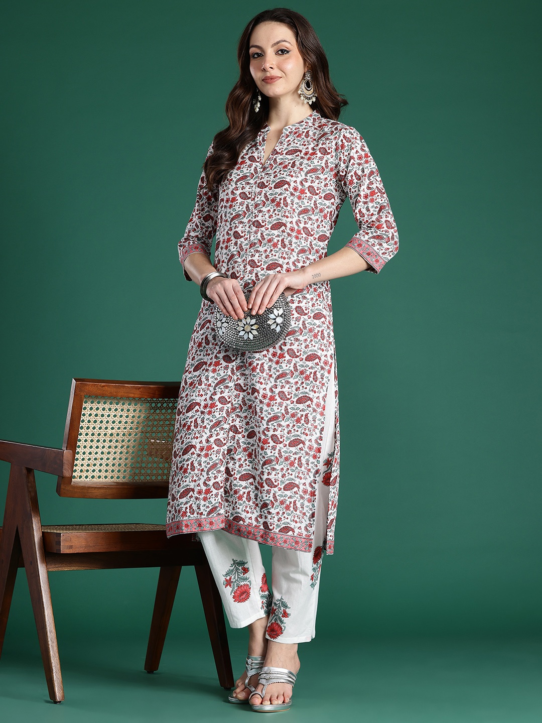 

Indo Era Paisley Printed Pure Cotton Kurta with Trousers, White