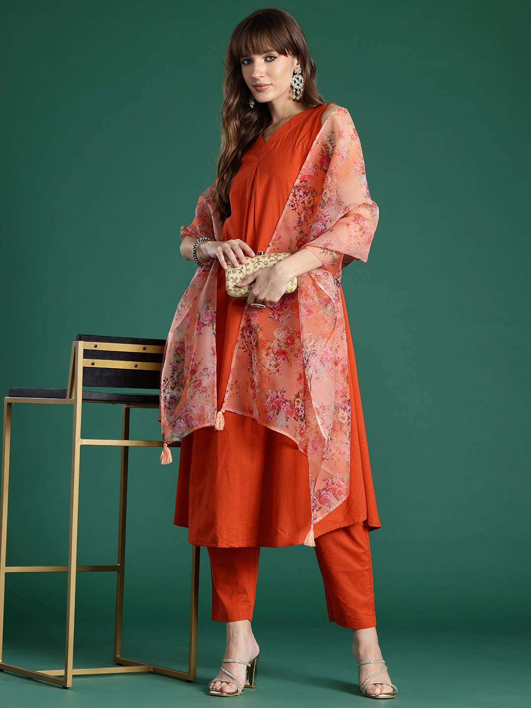 

Indo Era Women Floral Pleated Pure Cotton Kurta with Trousers & With Dupatta, Rust