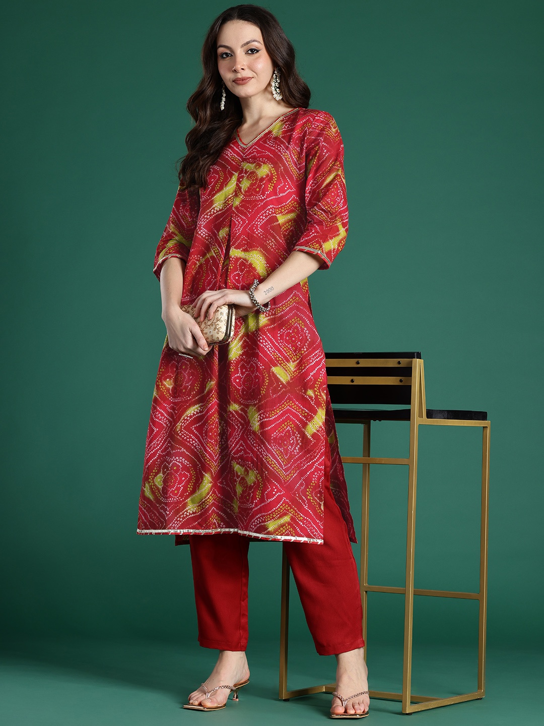 

Indo Era Bandhani Printed Pure Cotton Gotta Patti Kurta, Red