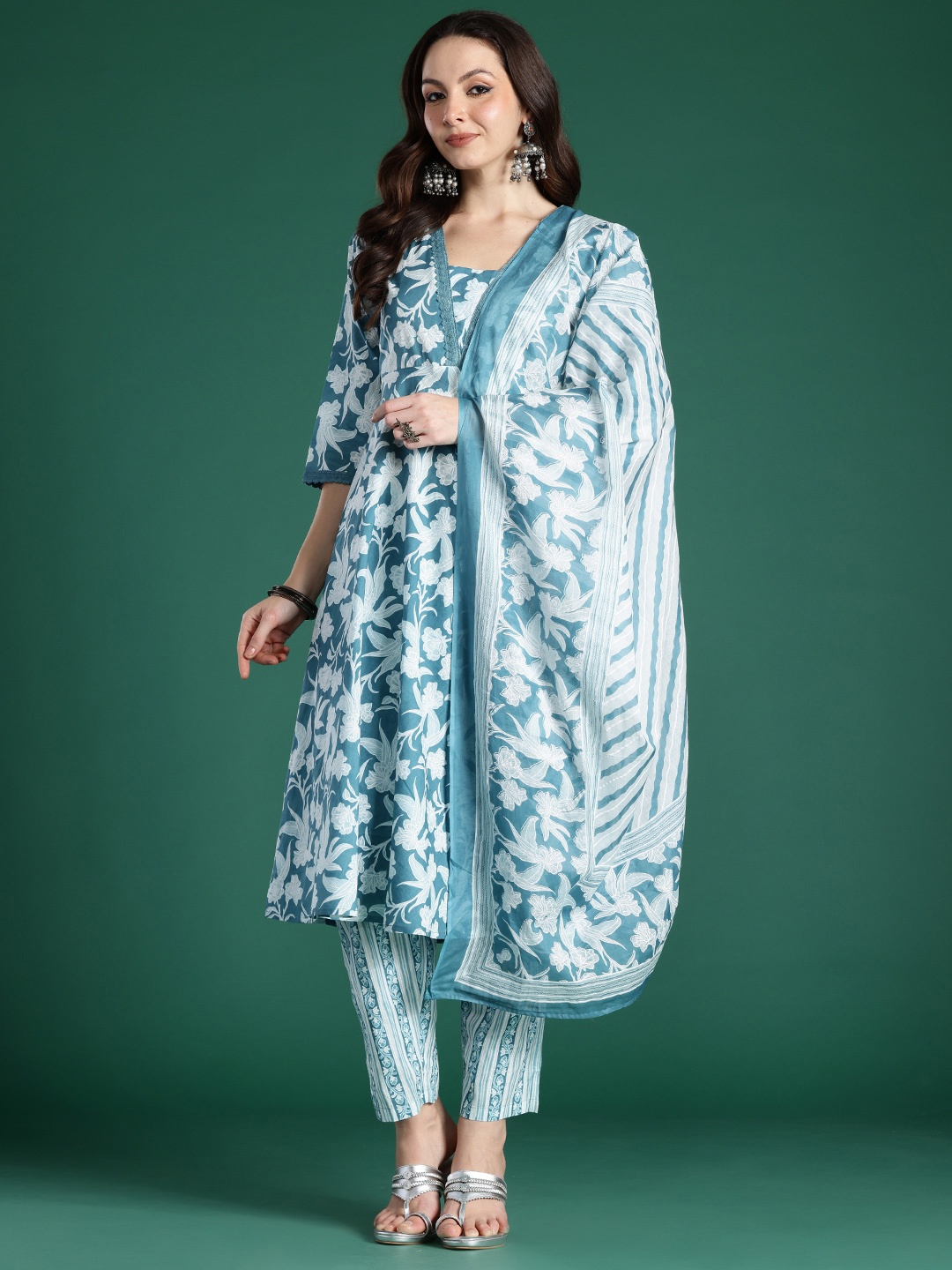 

Indo Era Floral Printed Pure Cotton Kurta with Trousers & With Dupatta, Blue