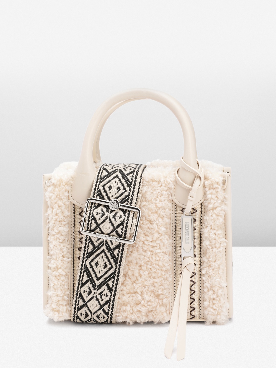 Steve Madden Faux Fur Detail Structured Handheld Bag with Tassells, Cream