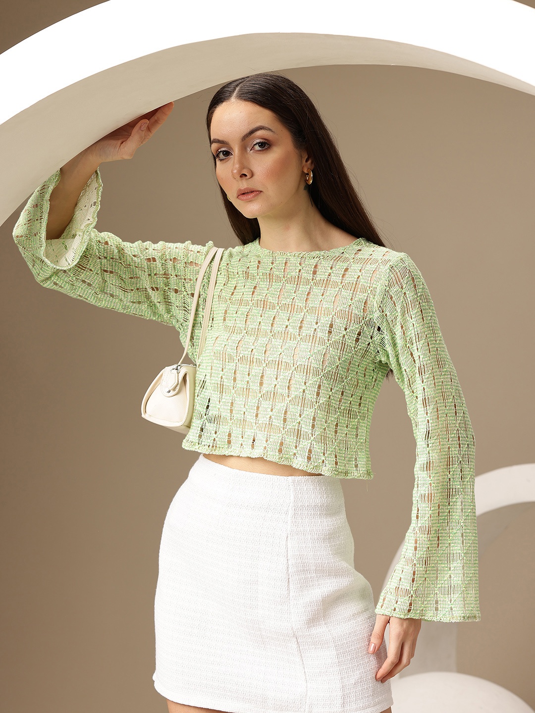

Chemistry Flared Sleeve Crochet Crop Top, Lime green