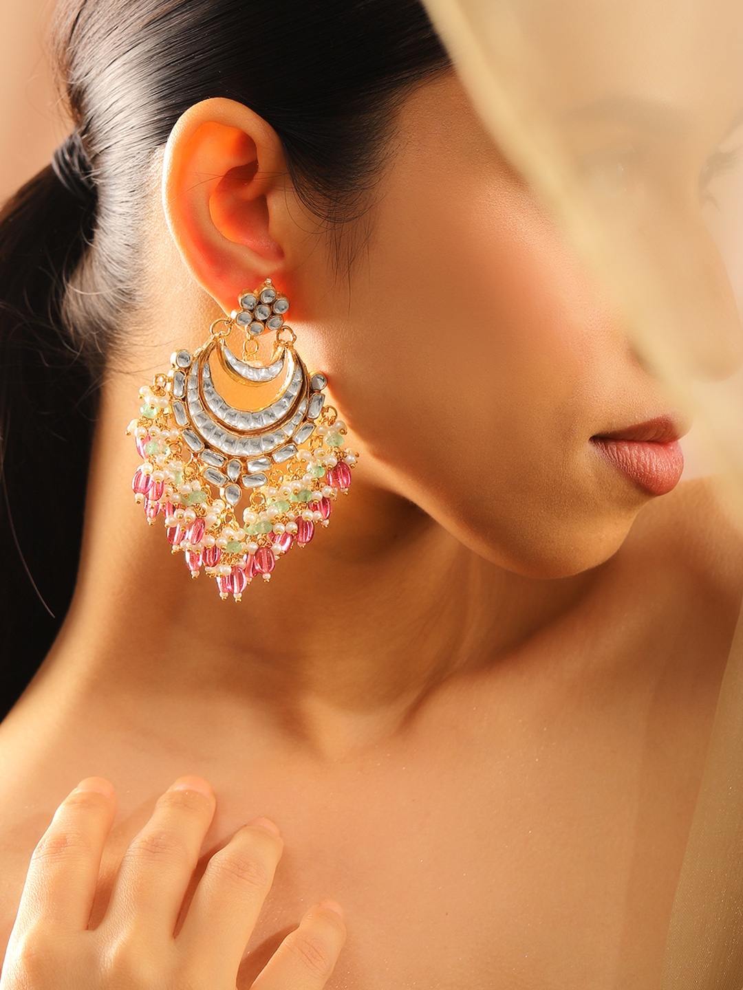 

Rubans 22K Gold Plated Kundan Studded Handcrafted Chandbali with Ruby & Green Beads