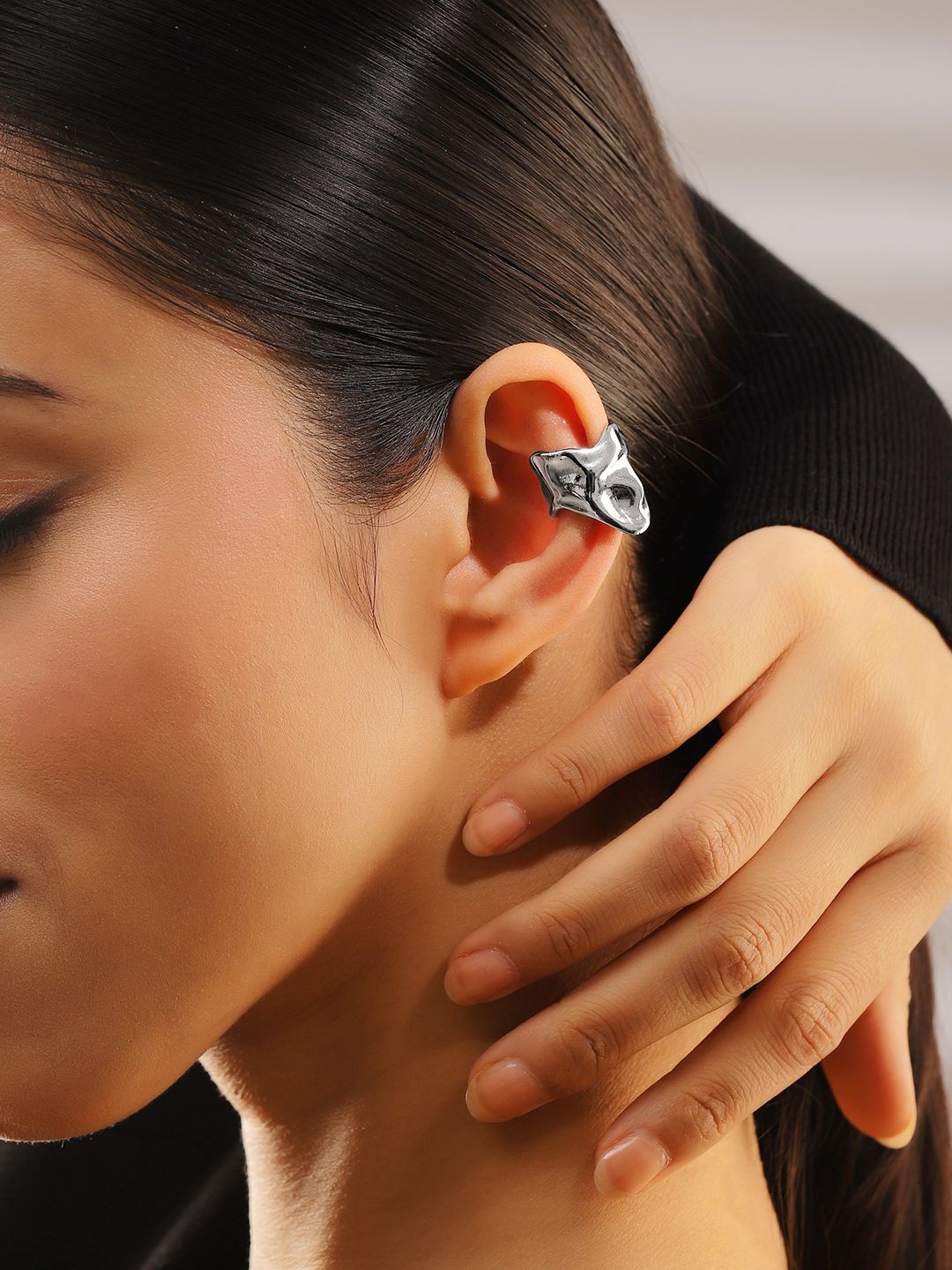 

Rubans Rhodium Plated Sculptural Statement Luxe Ear Cuff Earrings, Silver