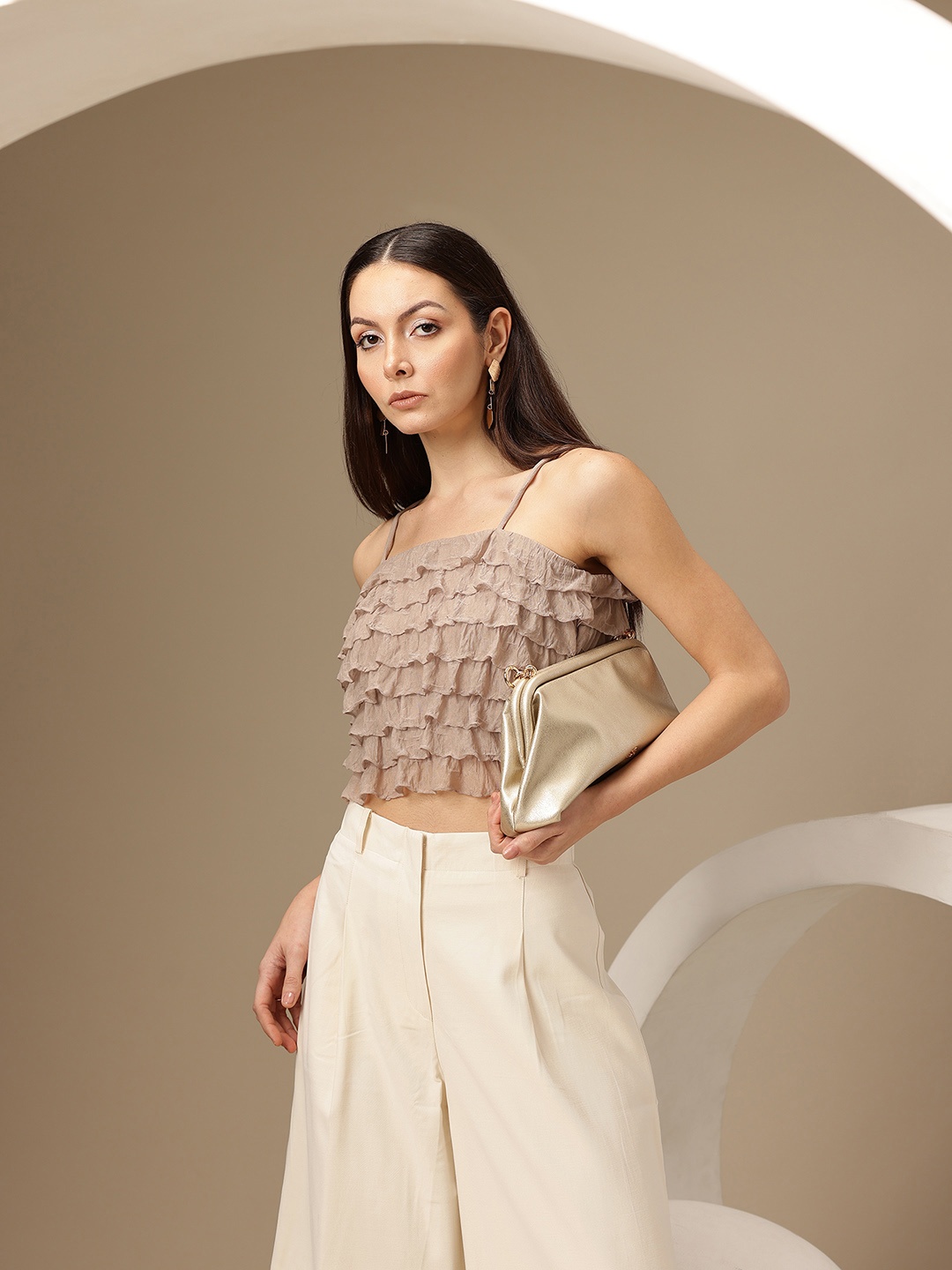 

Chemistry Ruffles Scuba Crepe Crop Top, Beige