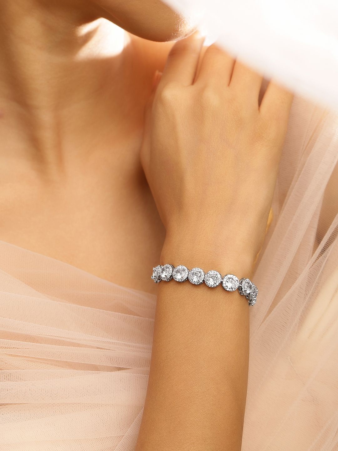 

Rubans Rhodium Plated White Cubic Zirconia Studded Tennis Bracelet & Luxe, Silver