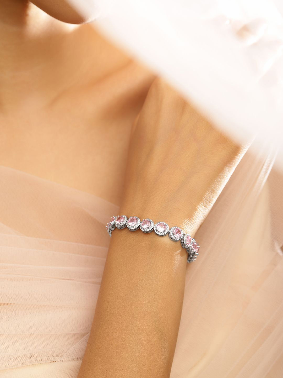 

Rubans Rhodium Plated Pink Sapphire & White Cubic Zirconia Luxe Tennis Bracelet, Silver