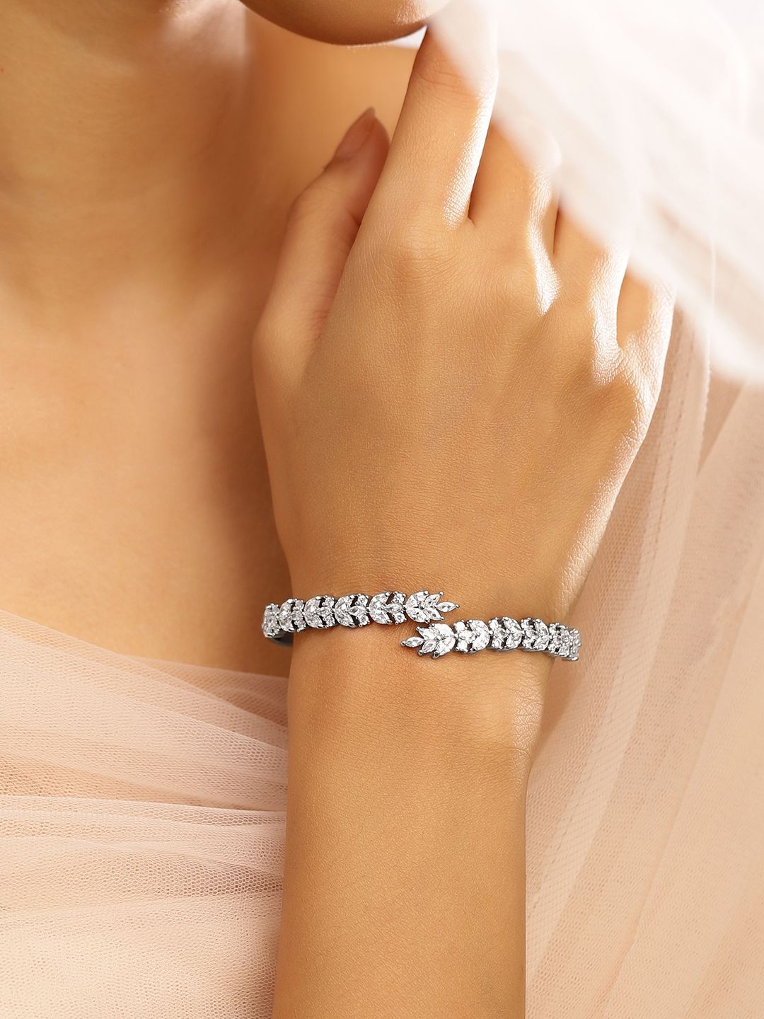 

Rubans Rhodium Plated Artificial Stones Studded Leaf-Inspired Kada Bracelet, Silver