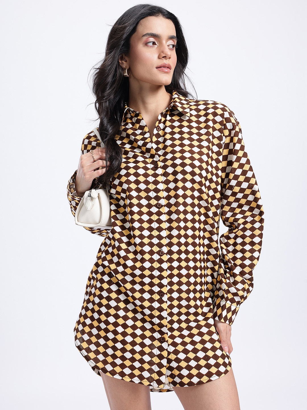 

glitchez Soft Streetwear Printed Relaxed Fit Mini Shirt Style Dress, Brown