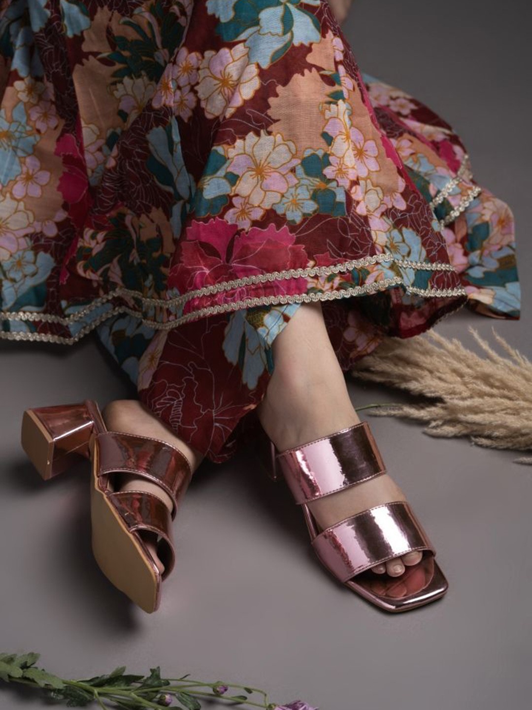 

DressBerry Textured Party Block Sandals with Buckles, Pink