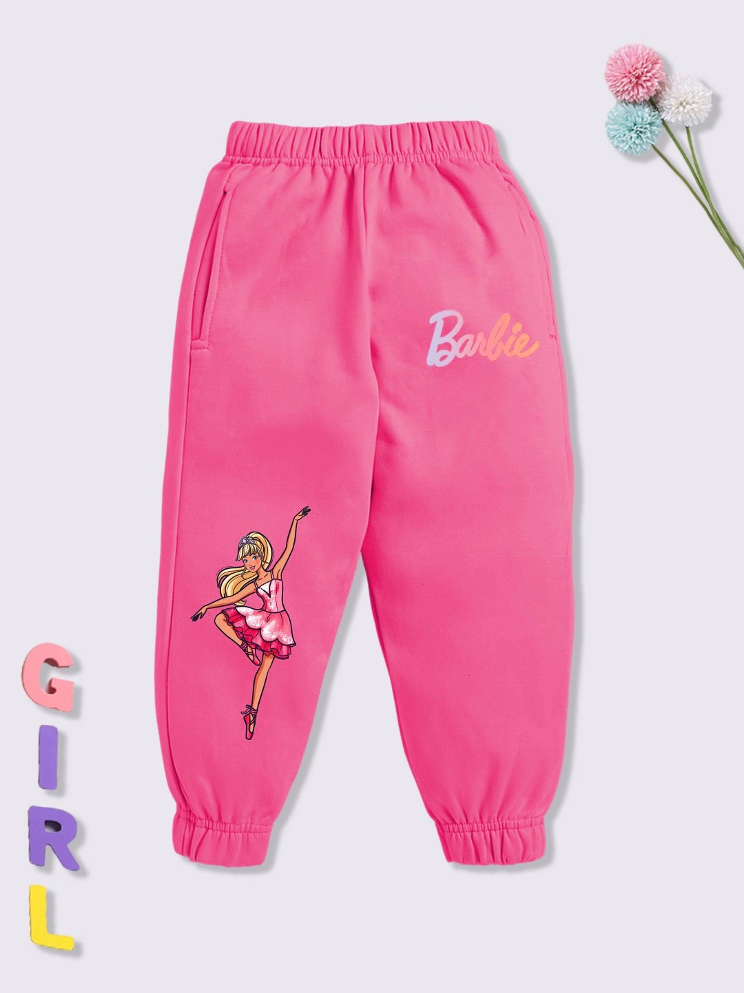 

YK X Minute Mirth Girls Barbie Printed Cotton joggers, Pink