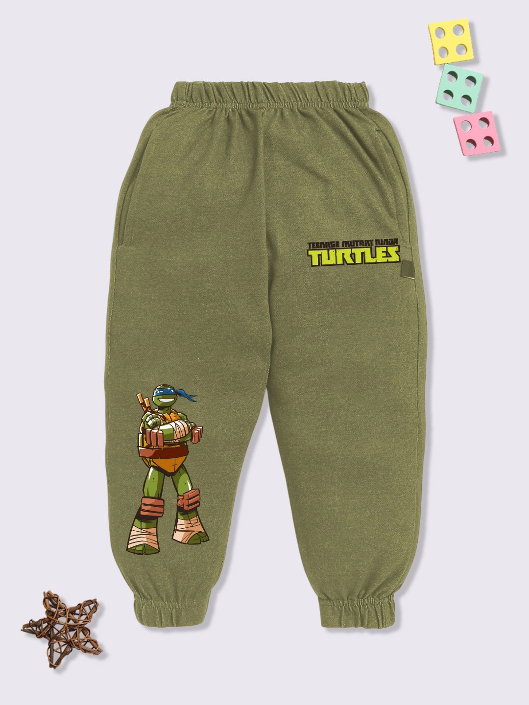 

YK X Minute Mirth Boys Ninja Turtles Printed Cotton Joggers, Olive