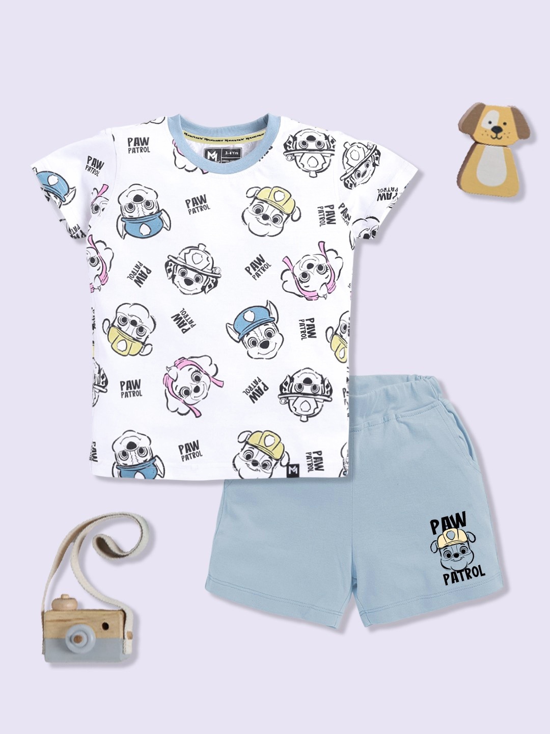 

YK X Minute Mirth Boys Paw Patrol Printed Pure Cotton T-shirt with Shorts, White
