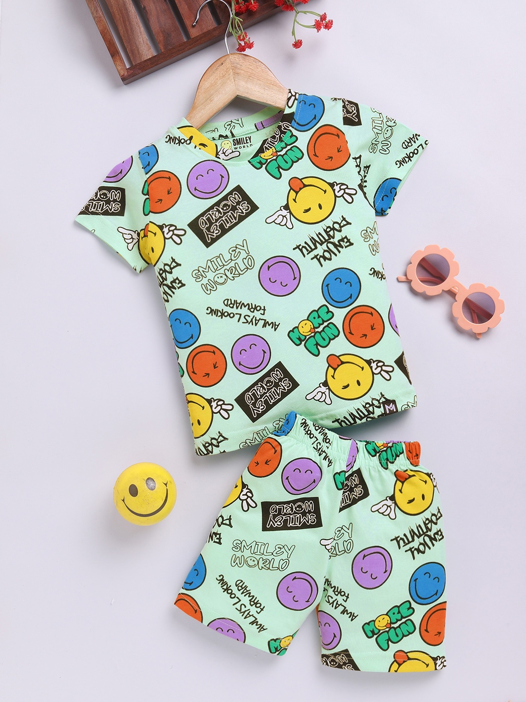 

YK X Minute Mirth Boys Printed Pure Cotton T-shirt with Shorts, Green