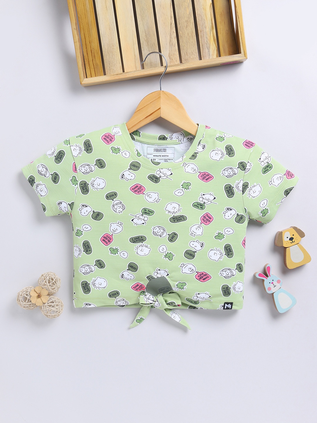 

YK X Minute Mirth Girls Peanuts Printed Crop Top, Green