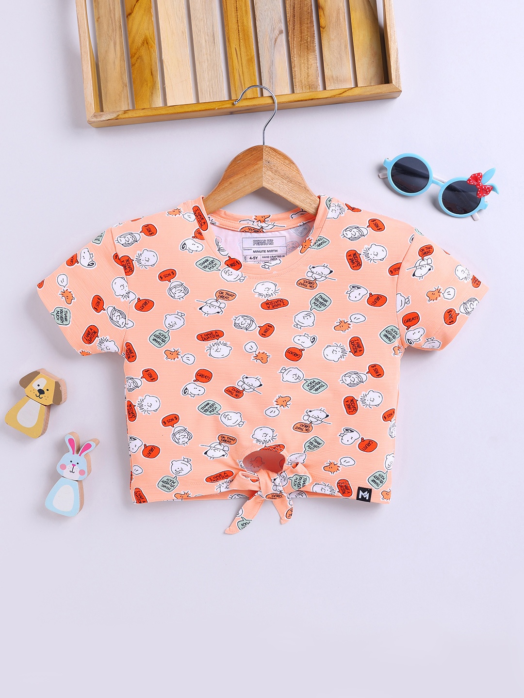 

YK X Minute Mirth Girls Peanuts Printed Waist Tie-Ups Crop Top, Peach