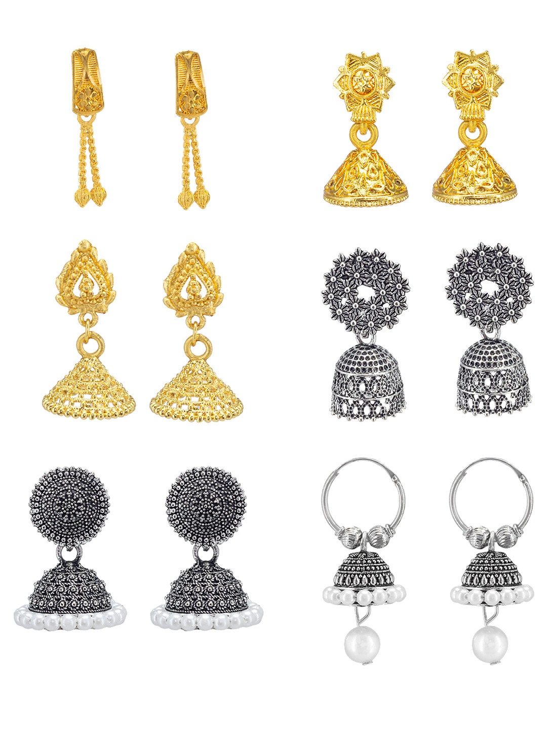 

PRIVIU Set Of 6 Artificial Stones Studded And Beaded Contemporary Jhumkas, Gold