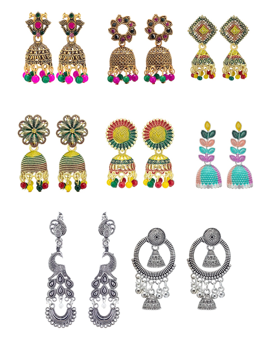 

PRIVIU Set Of 8 Artificial Beaded Oxidised Dome Shaped Jhumkas, Gold