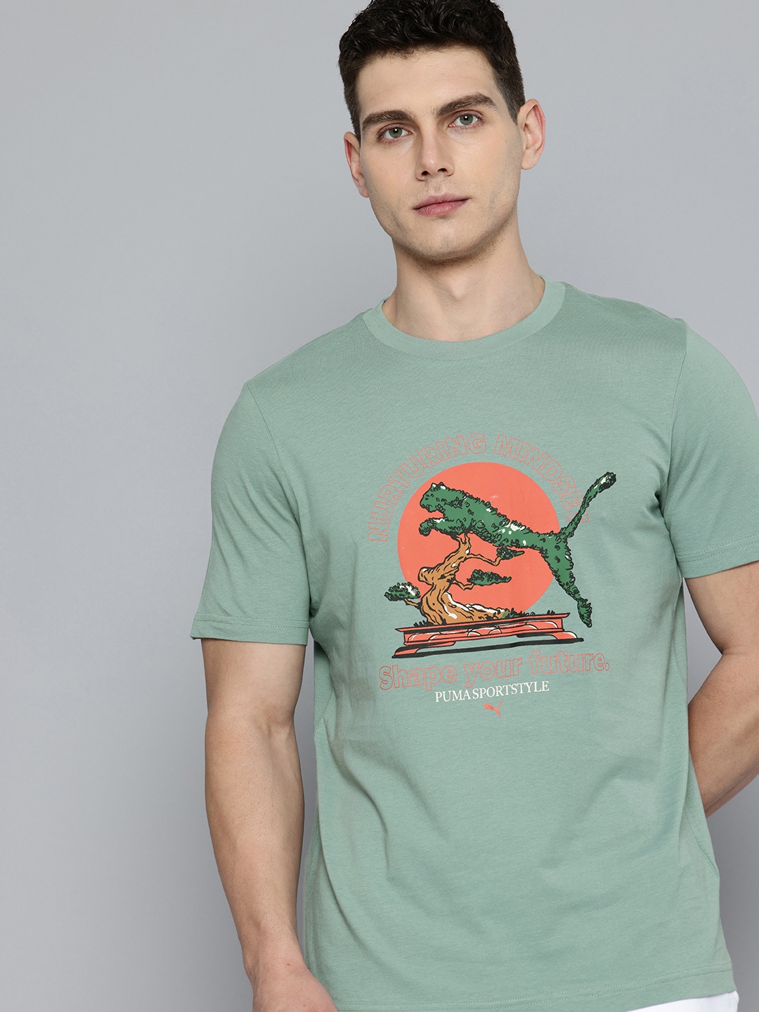 

Puma Bonsai Graphic Brand Logo Printed Pure Cotton T-shirt, Green