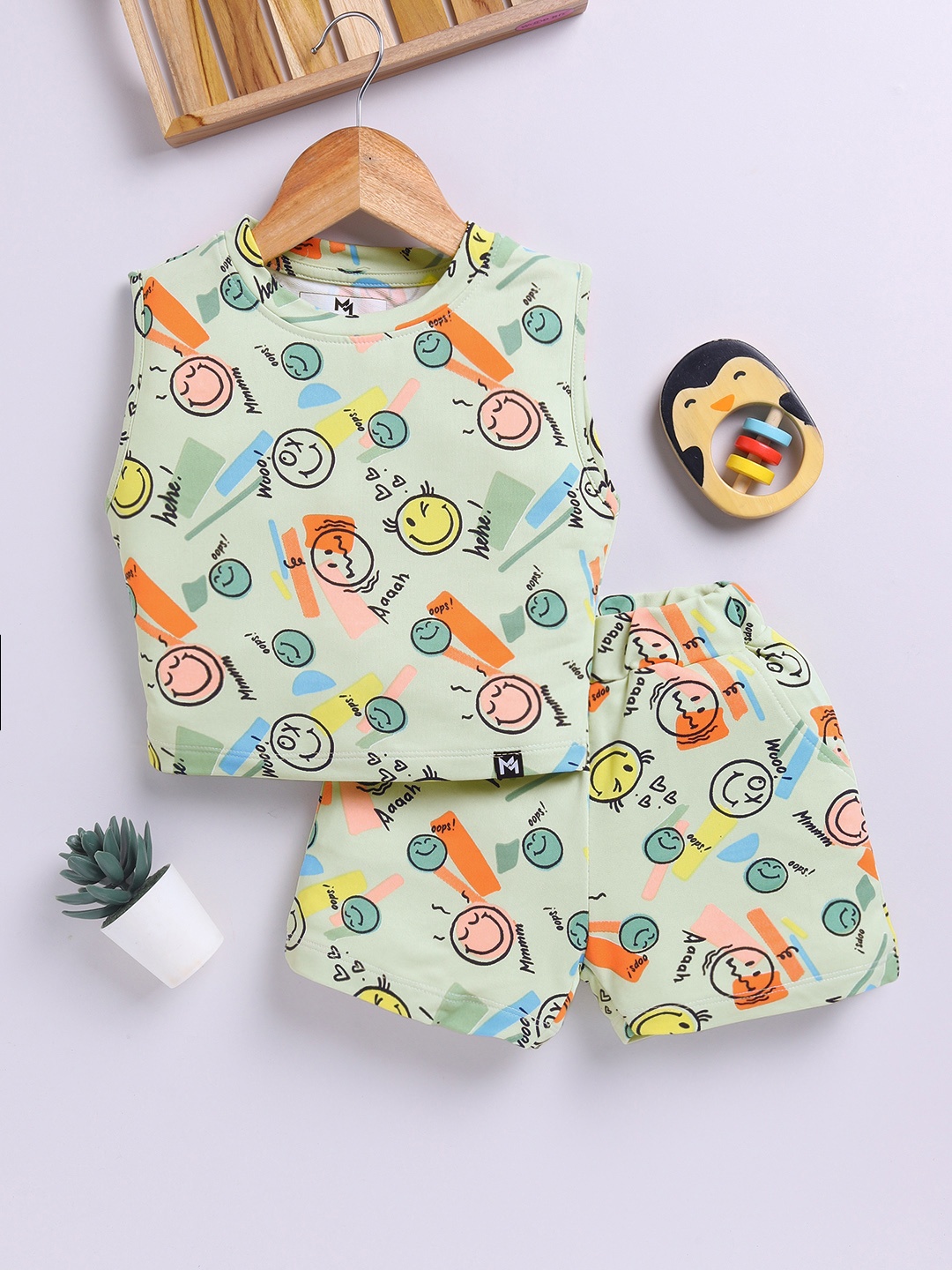 

YK X Minute Mirth Girls Graphic Printed Sleeveless Top with Shorts, Green