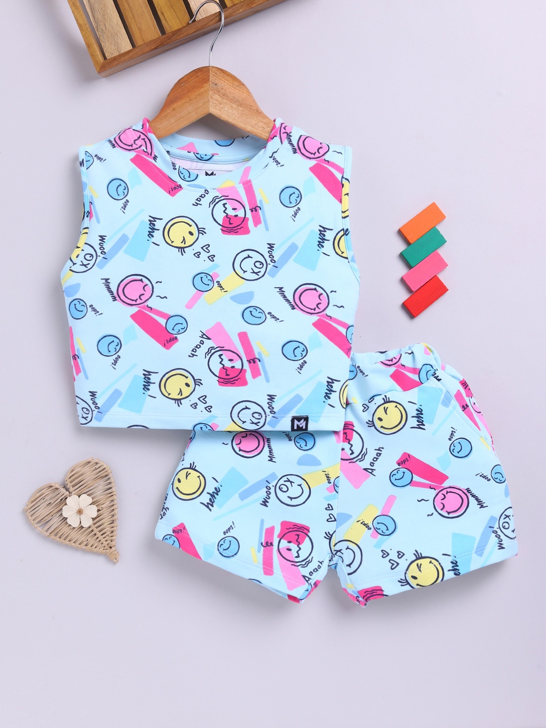 

YK X Minute Mirth Girls Graphic Printed Sleeveless Top with Shorts, Blue