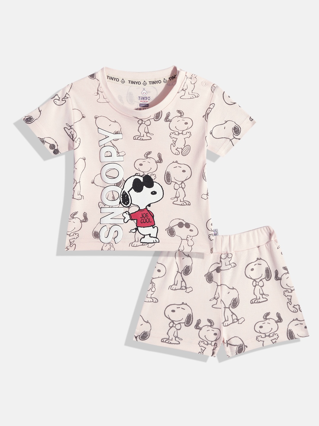 

YK X Tinyo Infants Boys Snoopy Printed Pure Cotton T-shirt with Shorts, Peach