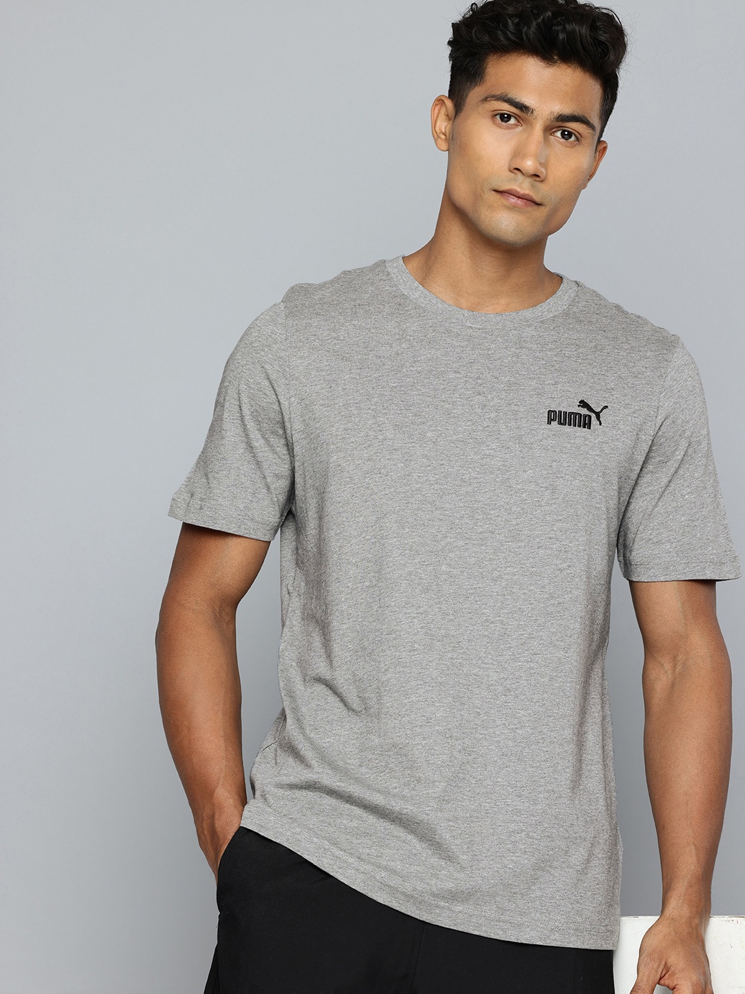 

Puma Brand Logo Printed Pure Cotton T-shirt, Grey melange