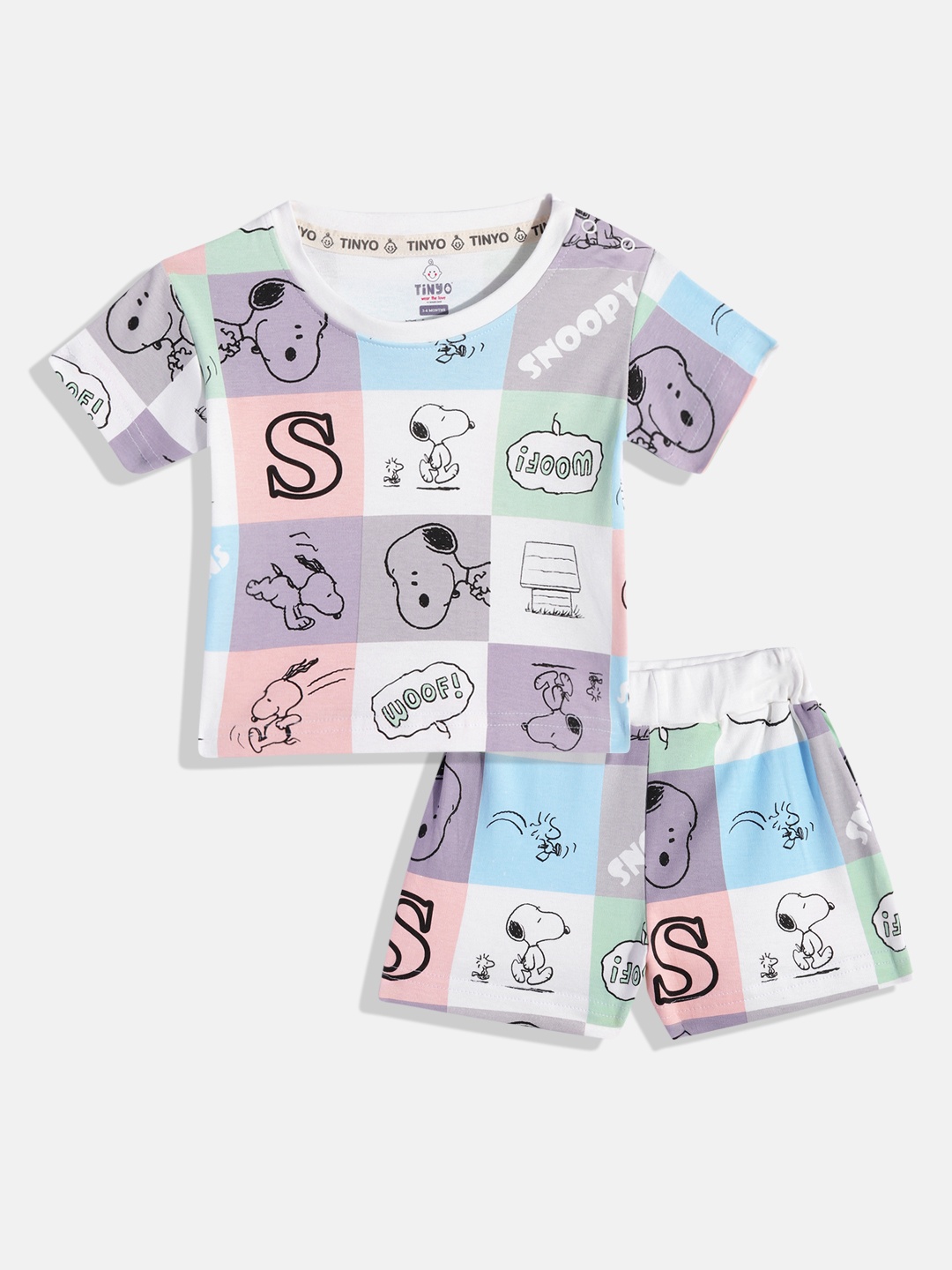 

YK X Tinyo Infants Boys Snoopy Printed Pure Cotton T-shirt with Shorts, Off white
